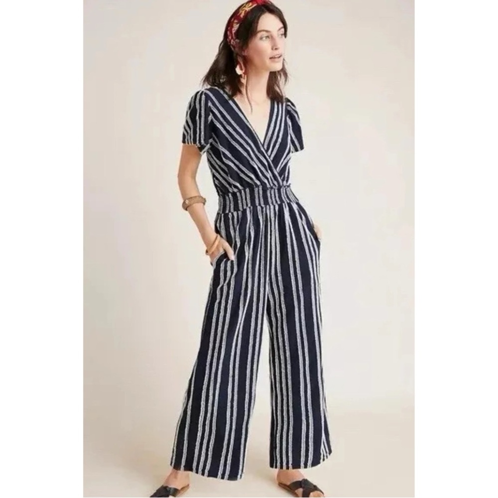 Anthropologie Dolan Canovas Striped V Neck Jumpsuit Coastal Navy Size Small